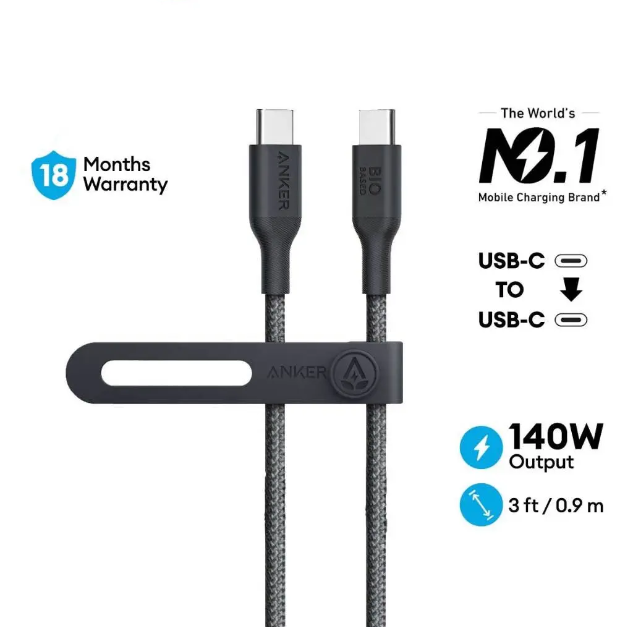 كيبل أنكر 544من نوع USB-C إلي USB-C بقوة 140 واط نايلون طبيعي 0.9 متر | أسود كيبل أنكر 544من نوع USB-C إلي USB-C بقوة 140 واط نايلون طبيعي 0.9 متر | أسود